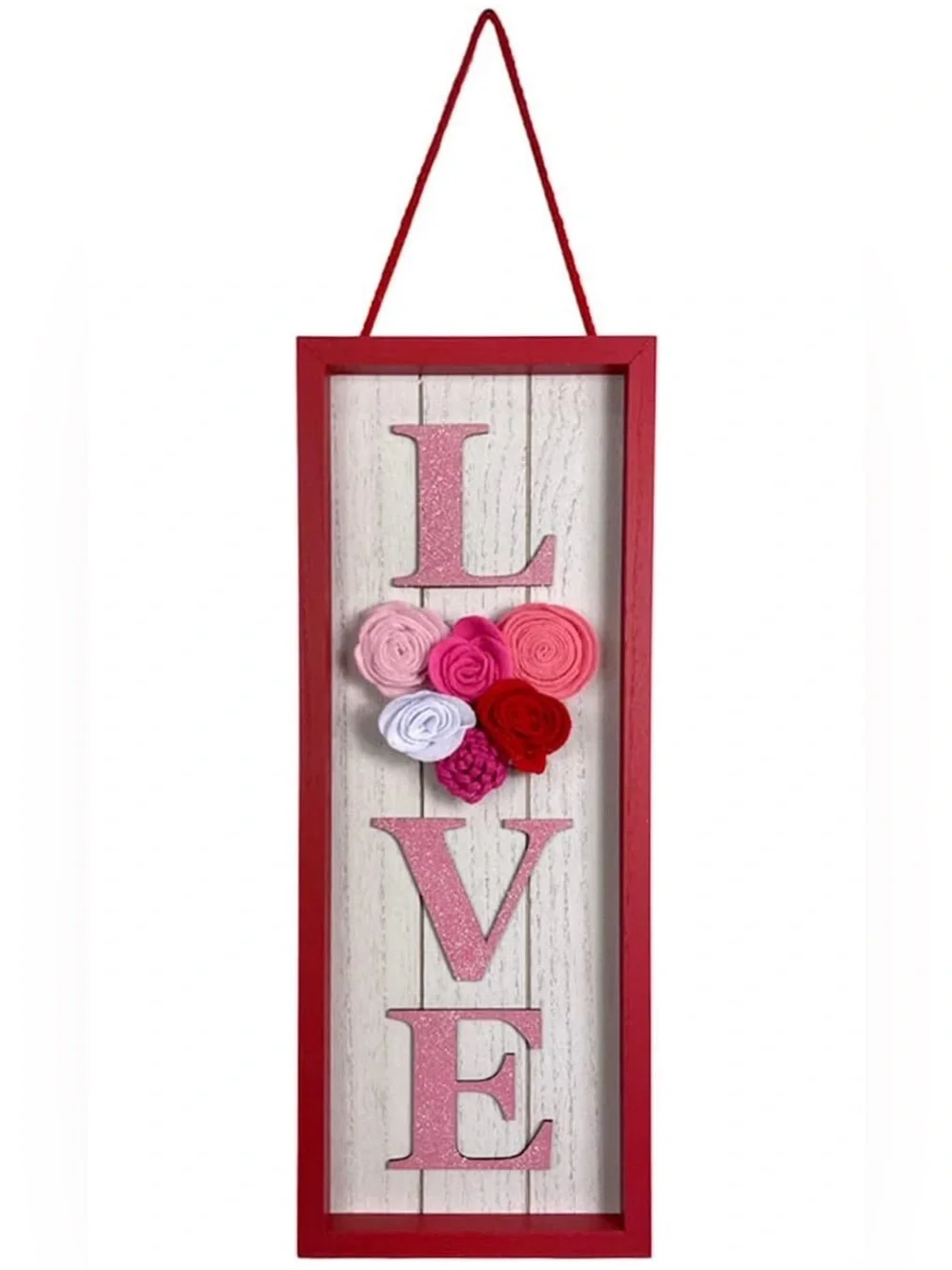 Valentine’s Day wooden “LOVE” hanging wall sign with Cloth Floral Detail